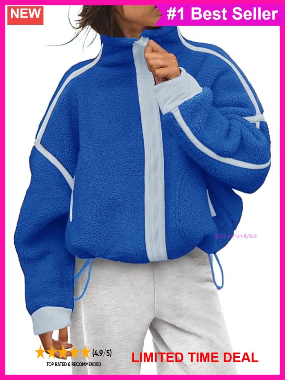 Women's Oversized Fleece Jacket Zip Up Stand Collar Casual Coat Pockets